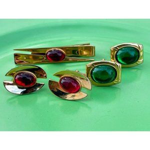 Vintage Lot 1960s Cufflinks Red/Green Lucite Tie Clip